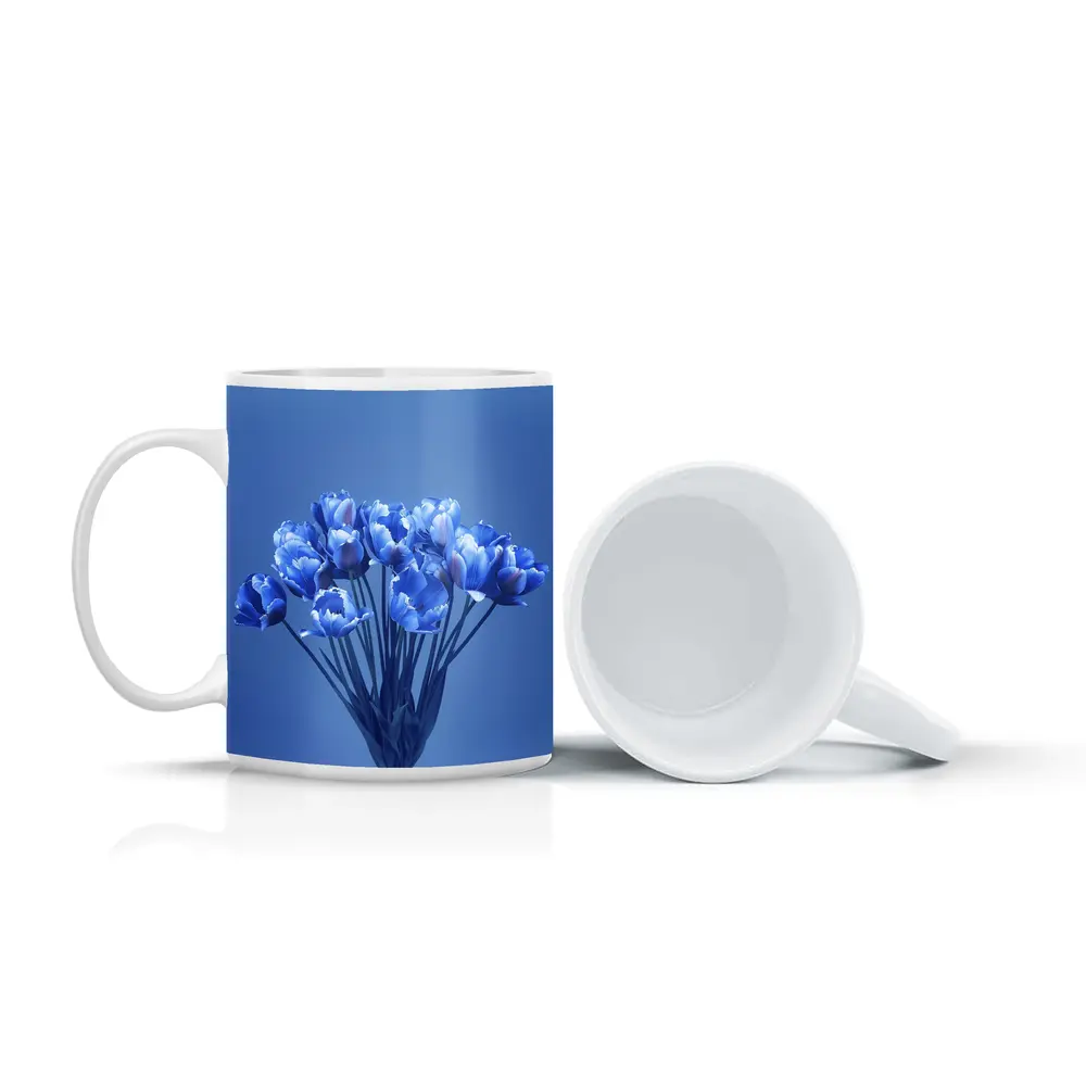 Blue Tulips Bouquet on Blue Background – Mugs
