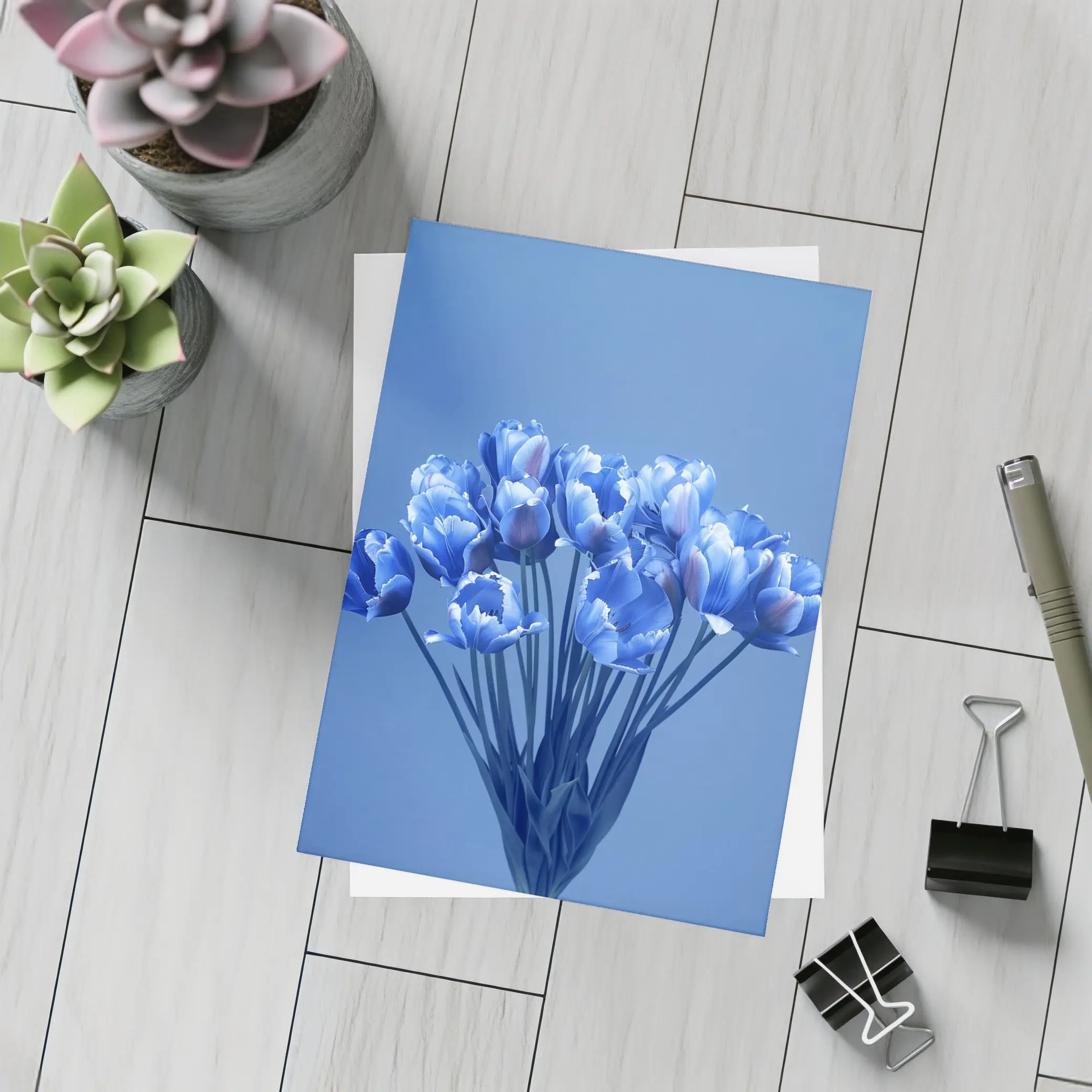 Blue Tulips Bouquet on Blue Background – Postcards