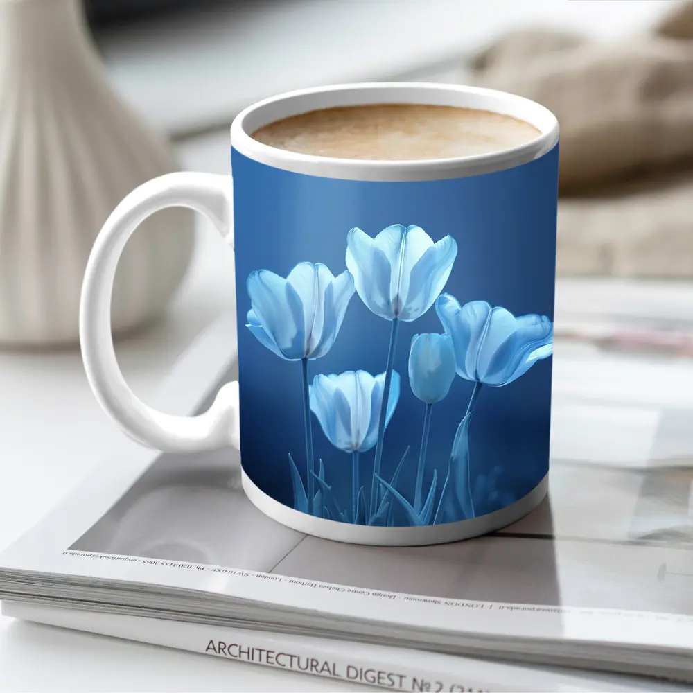 White Blue Tulips Soft Blue Background – Mugs