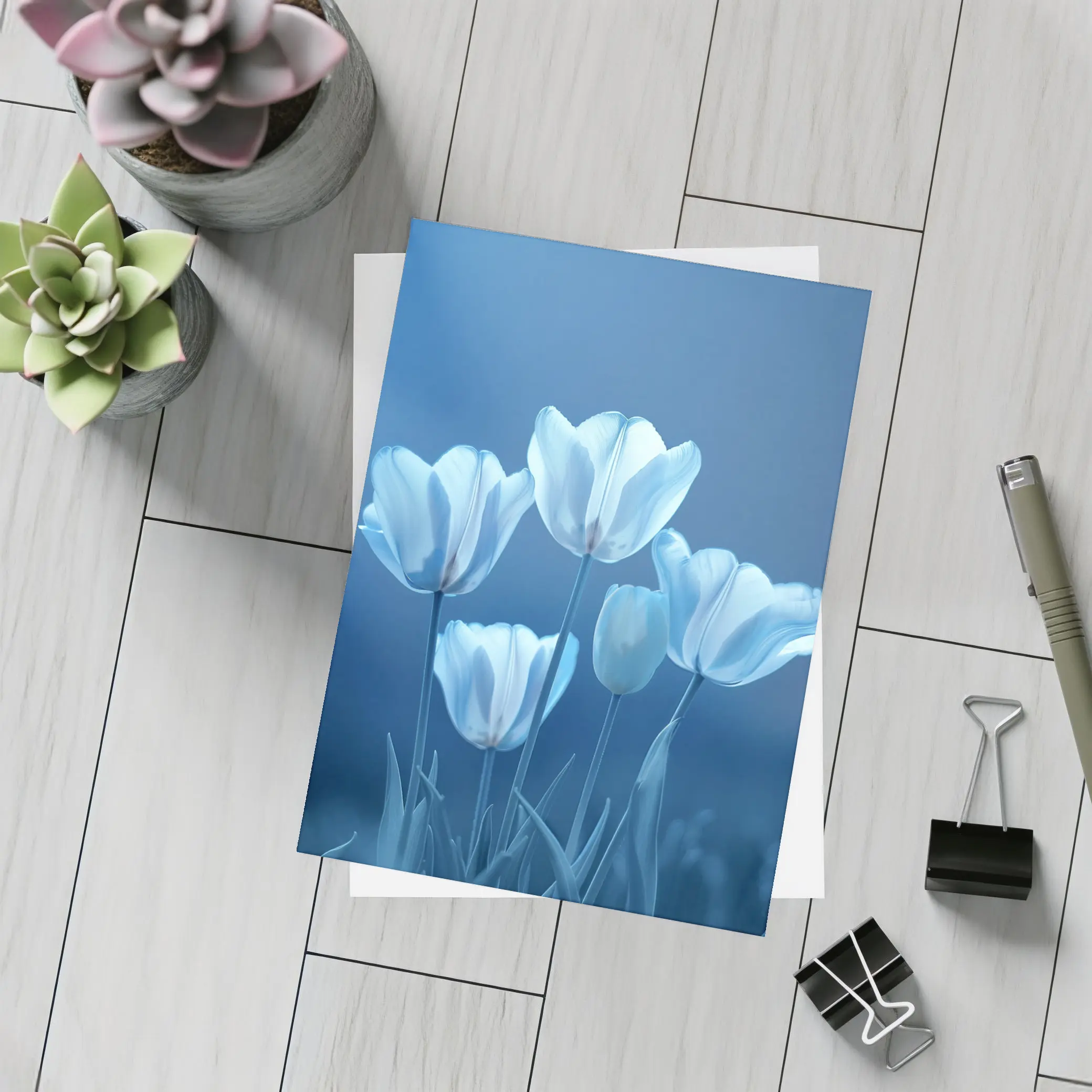 White Blue Tulips Soft Blue Background – Postcards