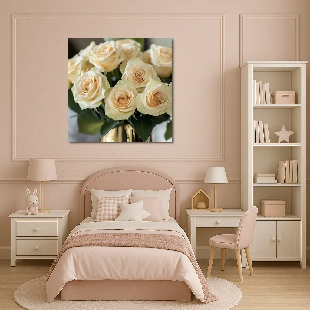 Cream Roses Bouquet In Gold Vase – Wall Art