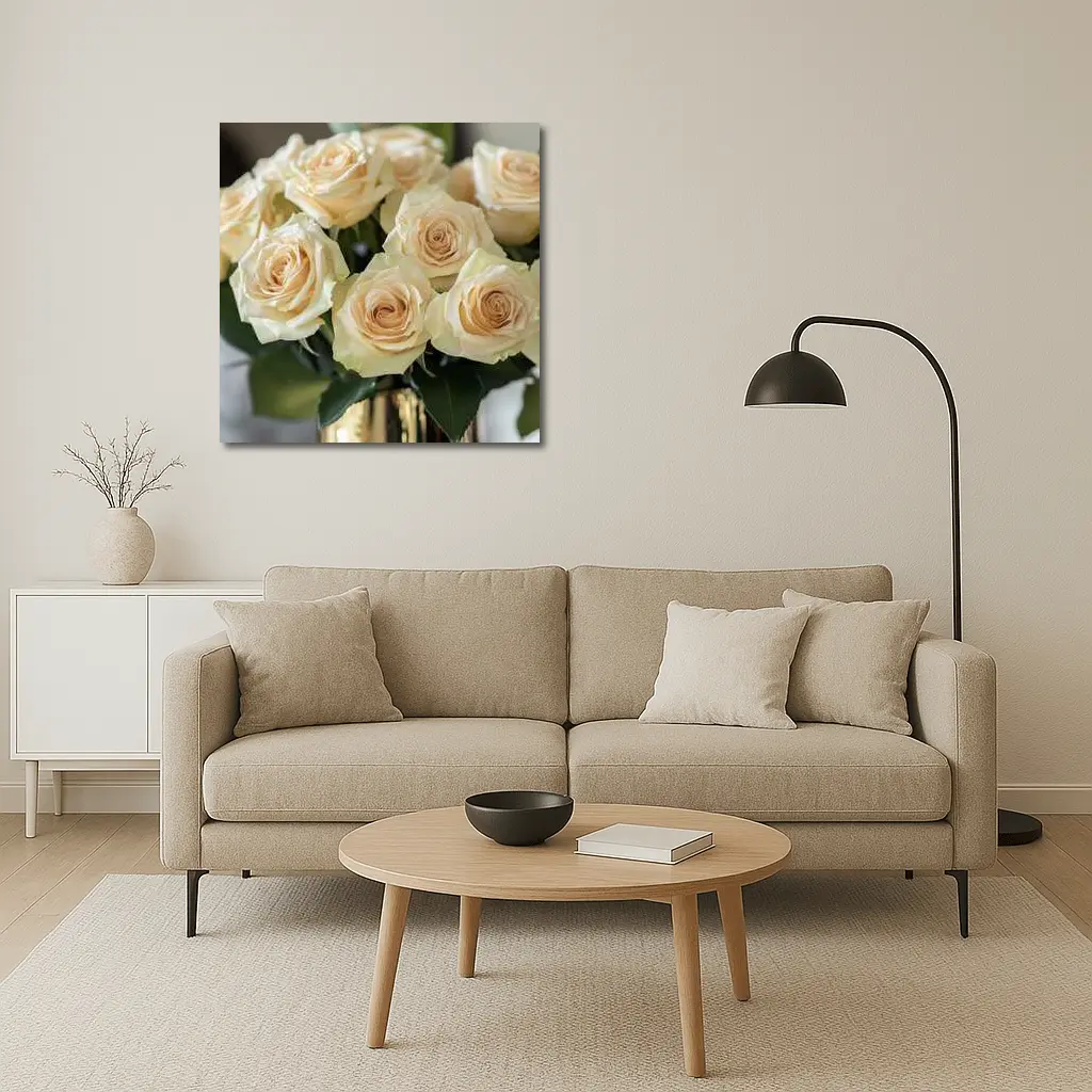 Cream Roses Bouquet In Gold Vase – Wall Art