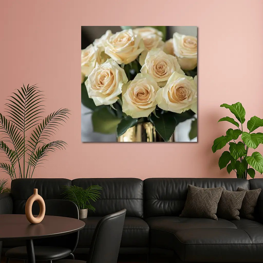 Cream Roses Bouquet In Gold Vase – Wall Art