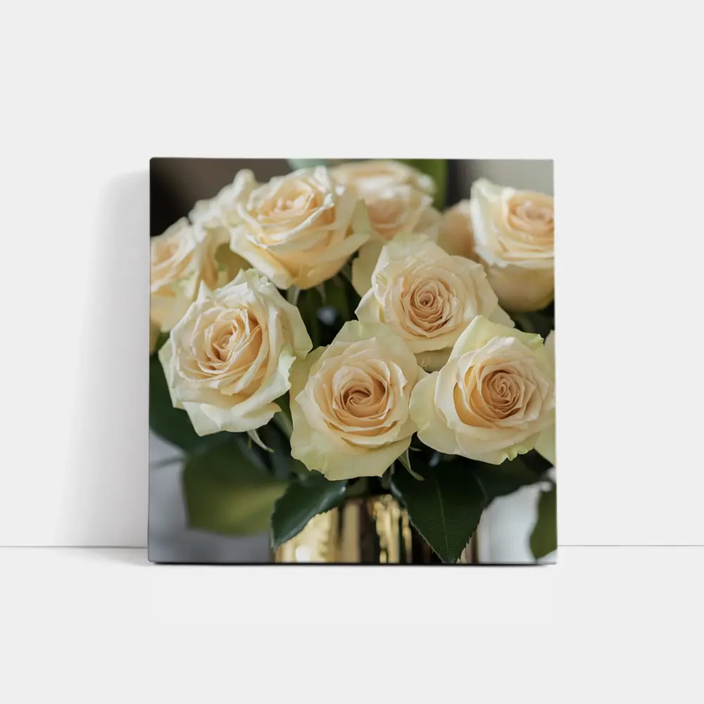 Cream Roses Bouquet In Gold Vase – Wall Art