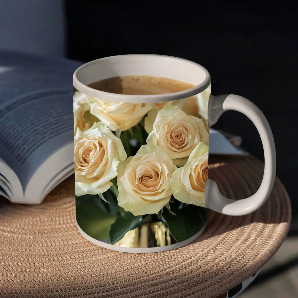 Cream Roses Bouquet In Gold Vase – Mugs