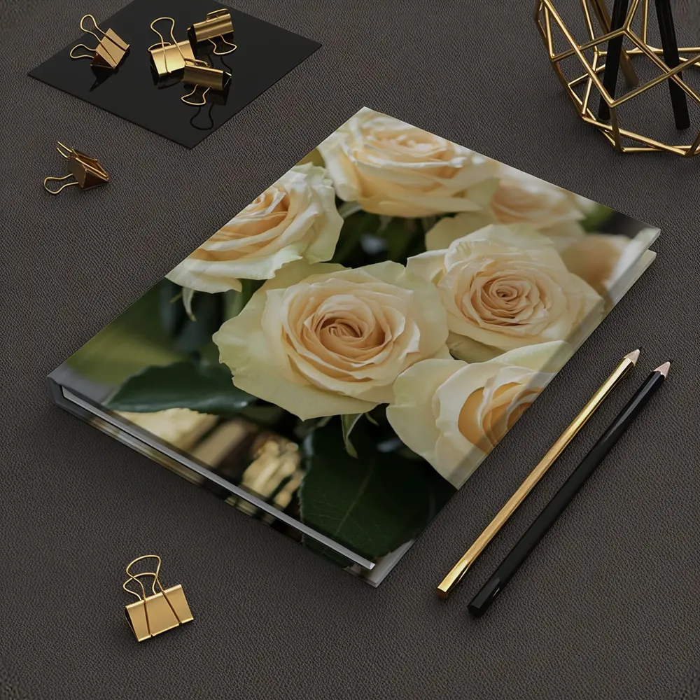 Cream Roses Bouquet In Gold Vase – Notebooks