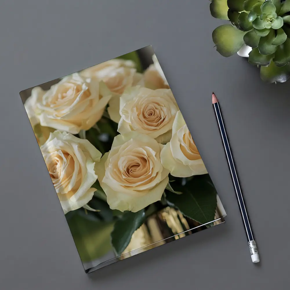 Cream Roses Bouquet In Gold Vase – Notebooks