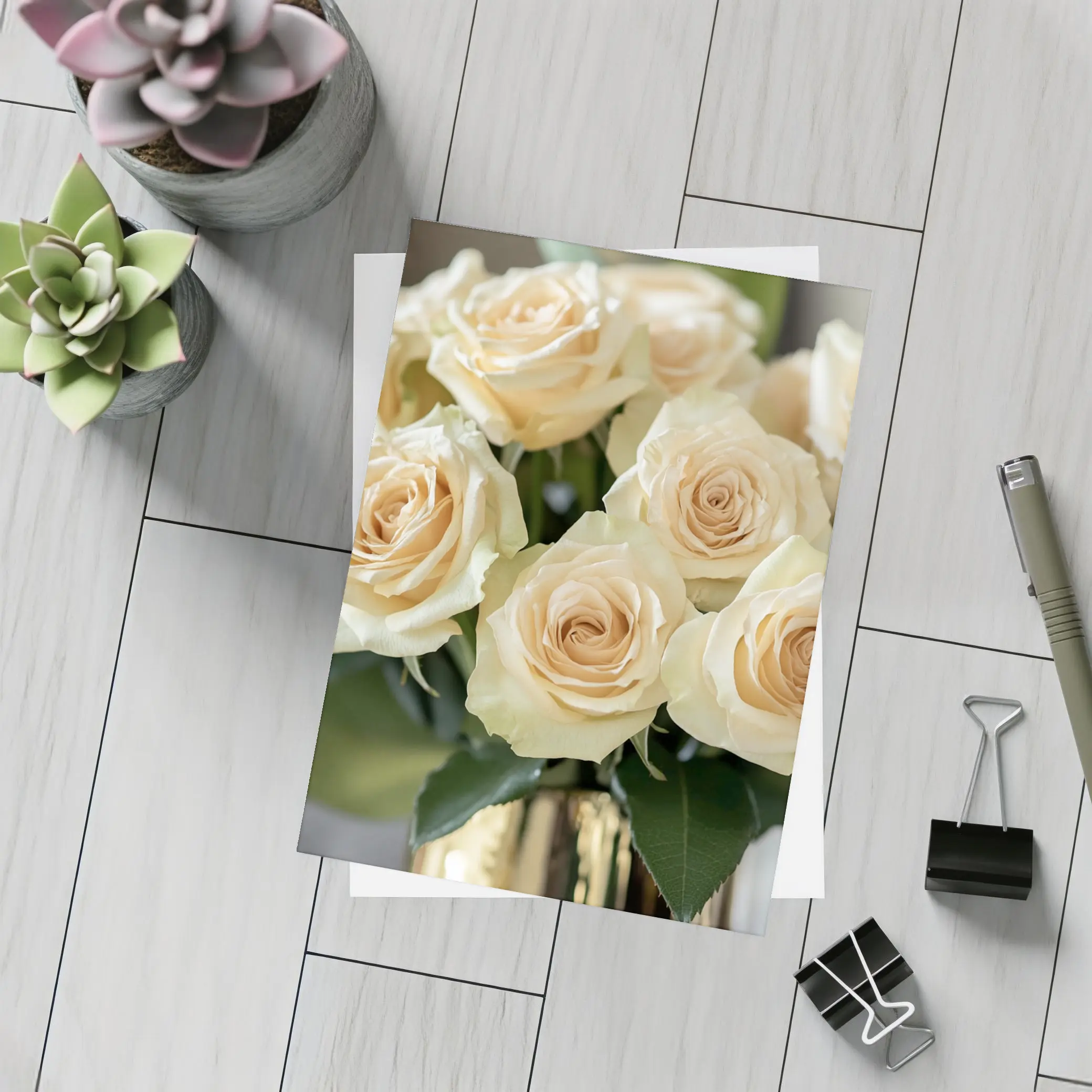Cream Roses Bouquet In Gold Vase – Postcards