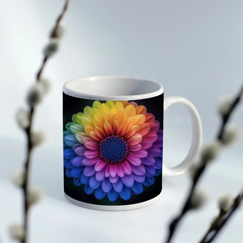 Rainbow Chrysanthemum Flower Dark Background – Mugs