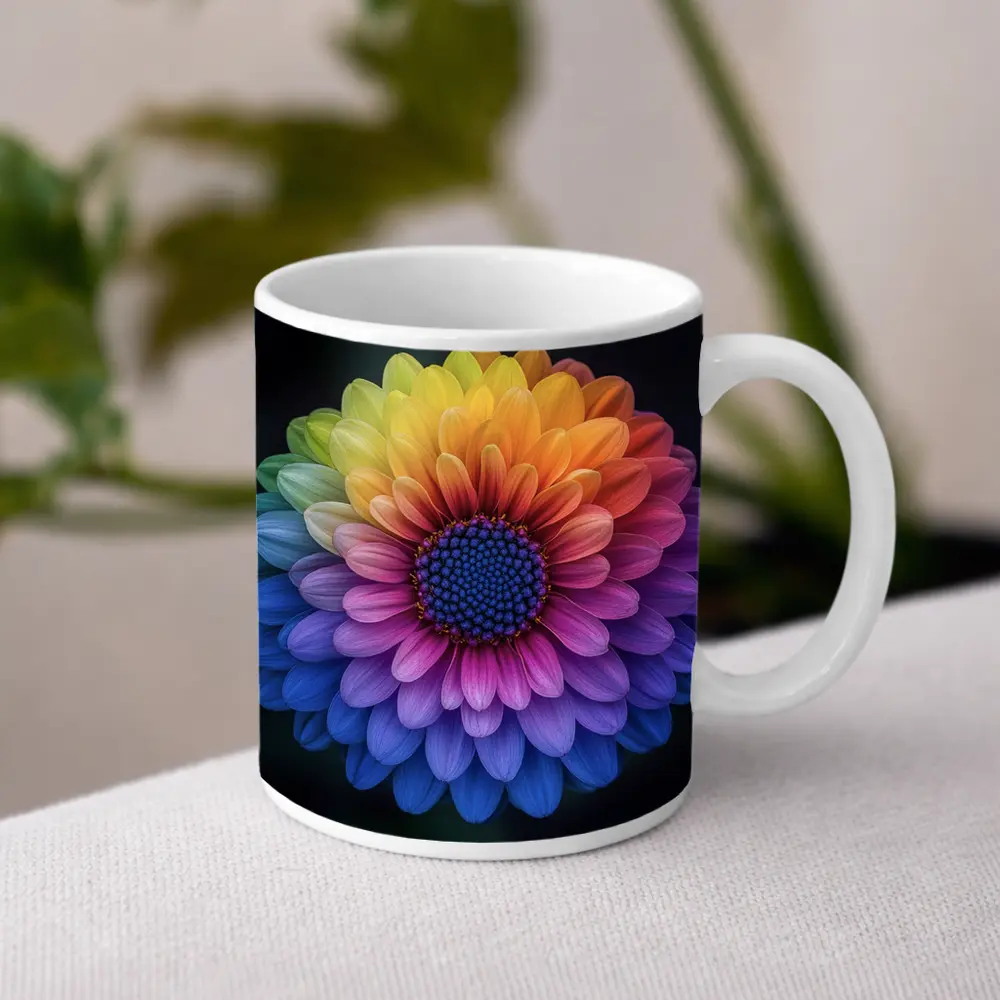 Rainbow Chrysanthemum Flower Dark Background – Mugs