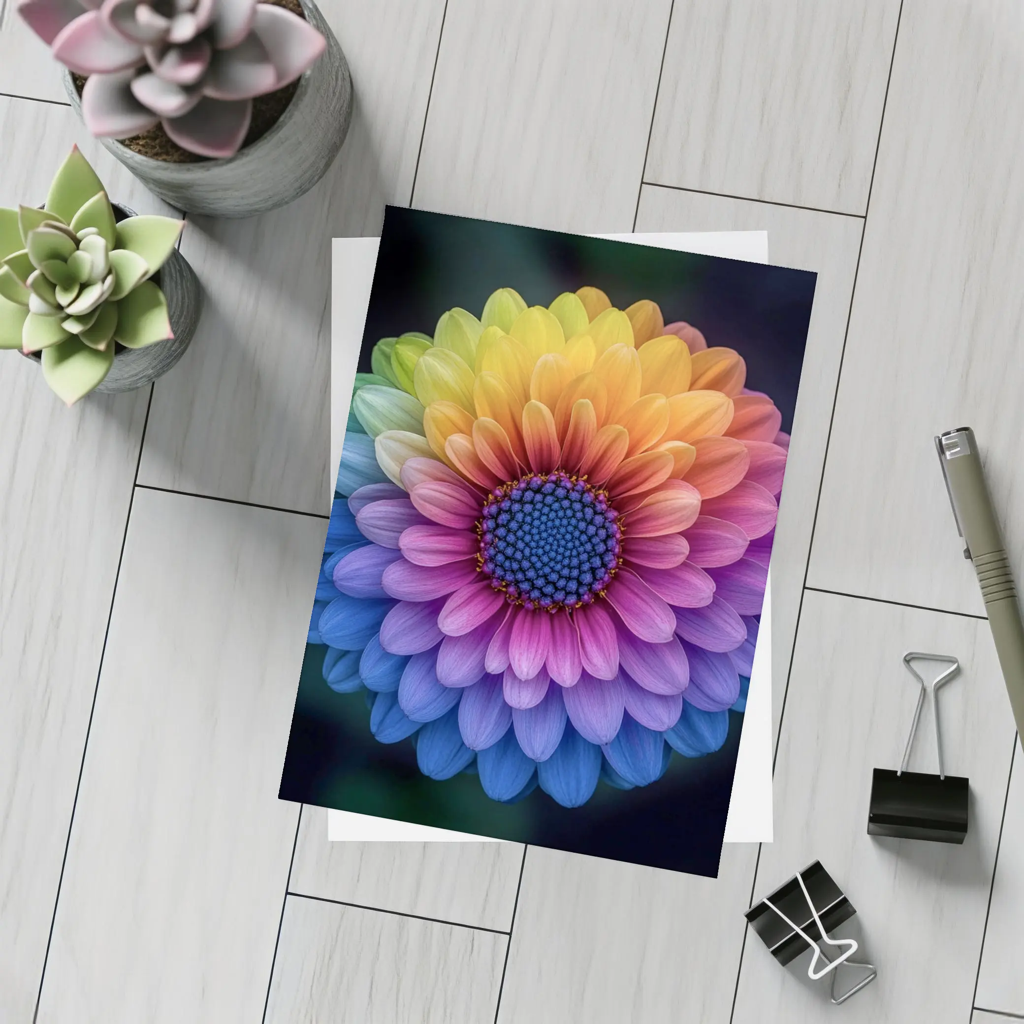 Rainbow Chrysanthemum Flower Dark Background – Postcards