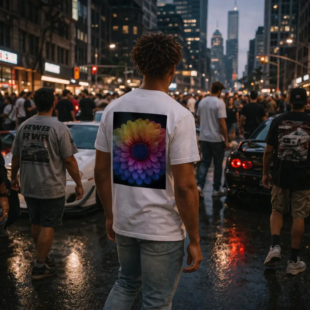 Rainbow Chrysanthemum Flower Dark Background – T-Shirts