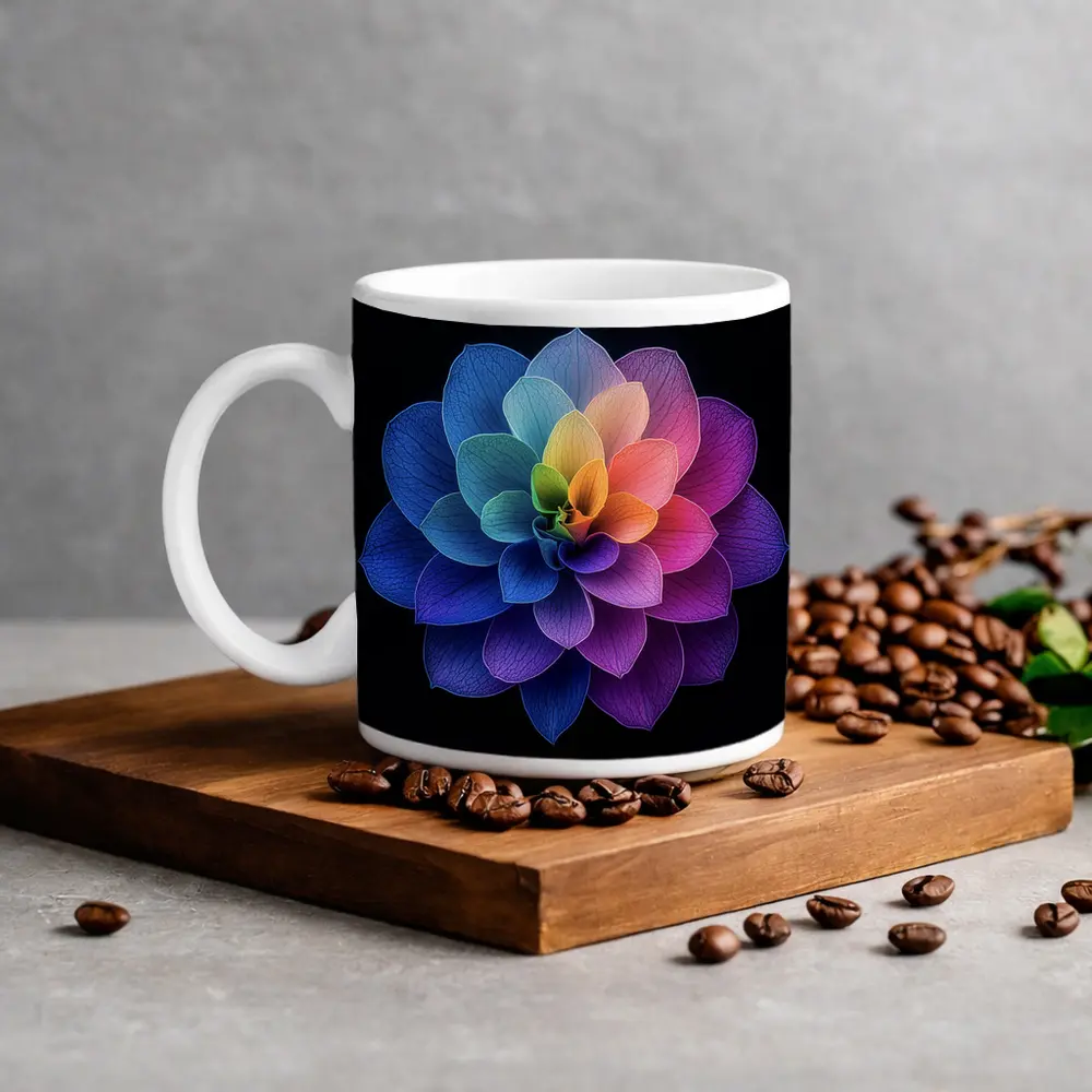 Rainbow Dahlia Flower Black Background Art – Mugs