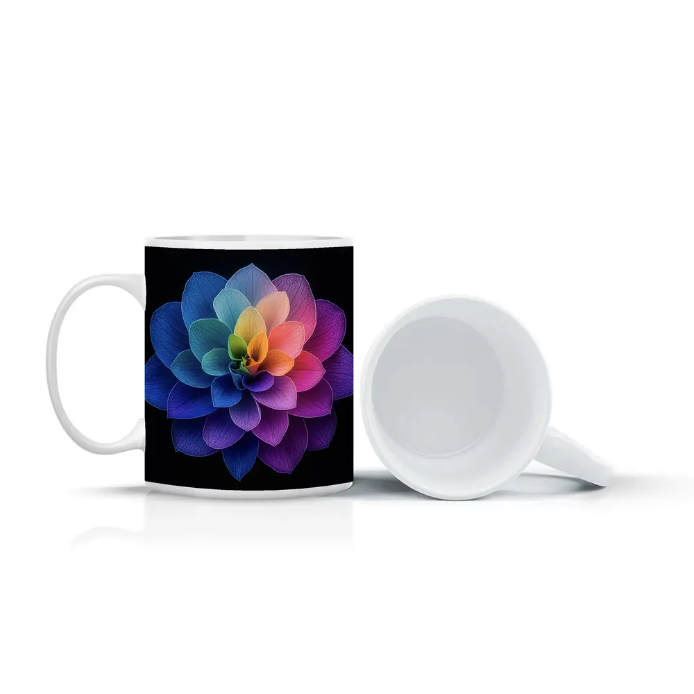 Rainbow Dahlia Flower Black Background Art – Mugs