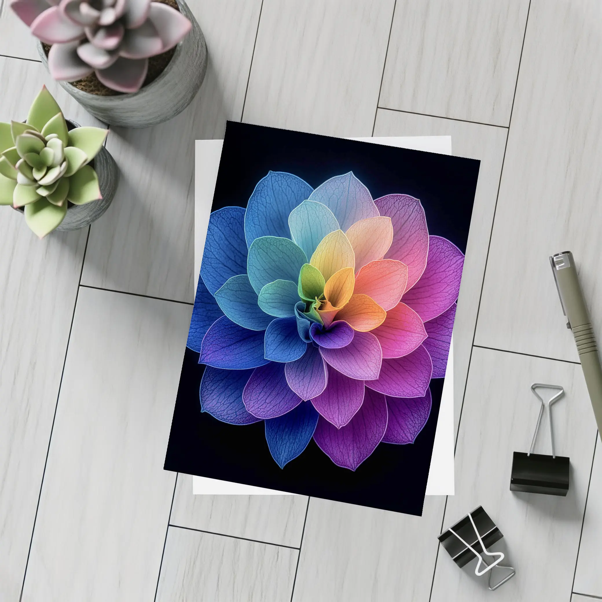 Rainbow Dahlia Flower Black Background Art – Postcards