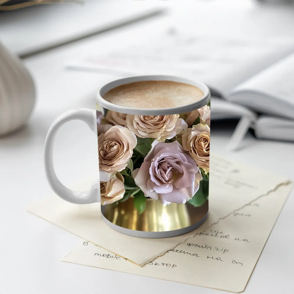 Dusty Pink Roses Bouquet Gold Vase – Mugs