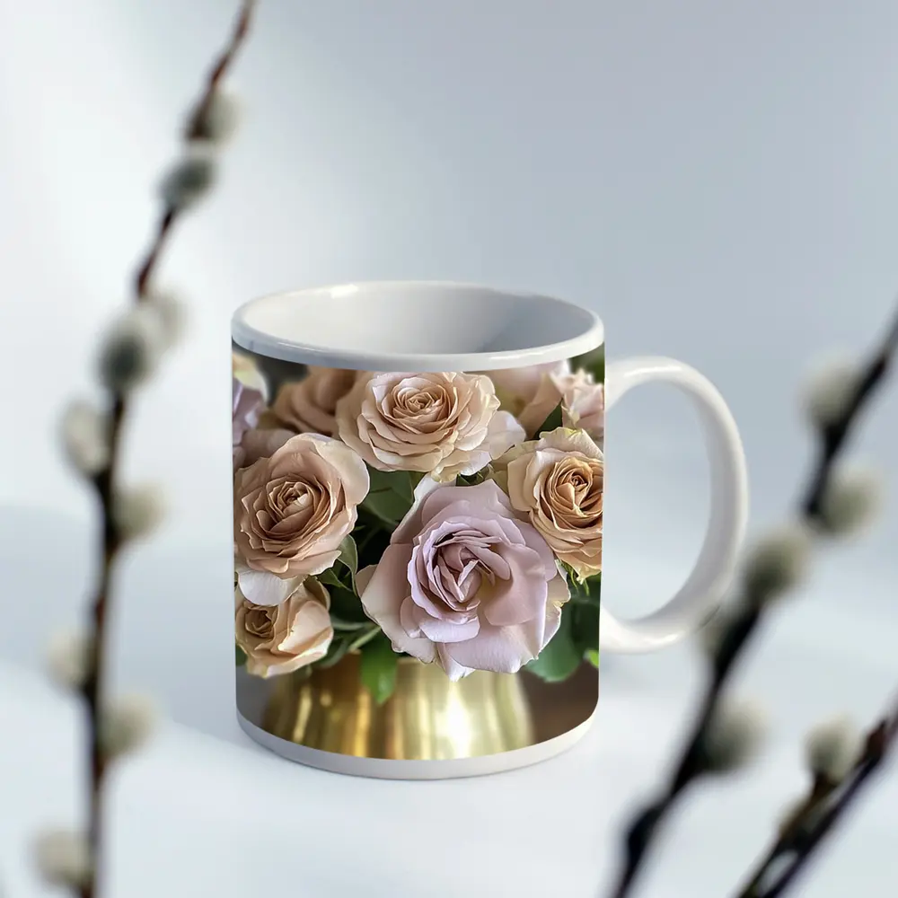 Dusty Pink Roses Bouquet Gold Vase – Mugs