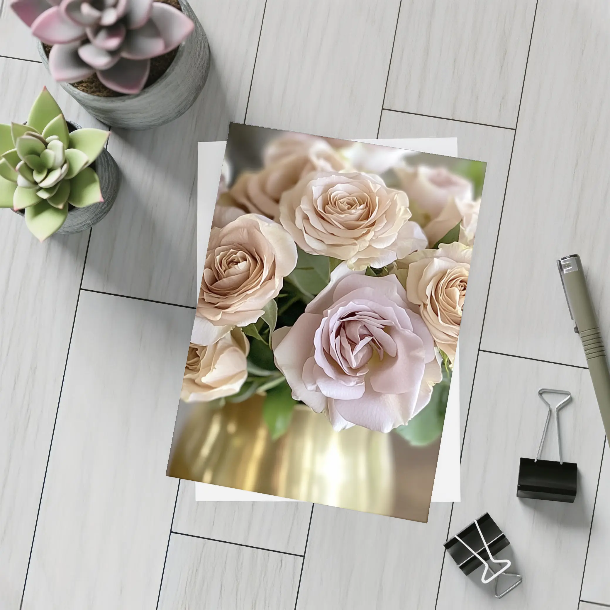 Dusty Pink Roses Bouquet Gold Vase – Postcards