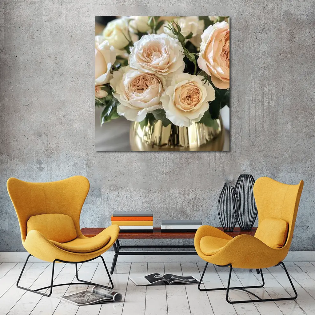 Peach Garden Roses Gold Vase Arrangement – Wall Art