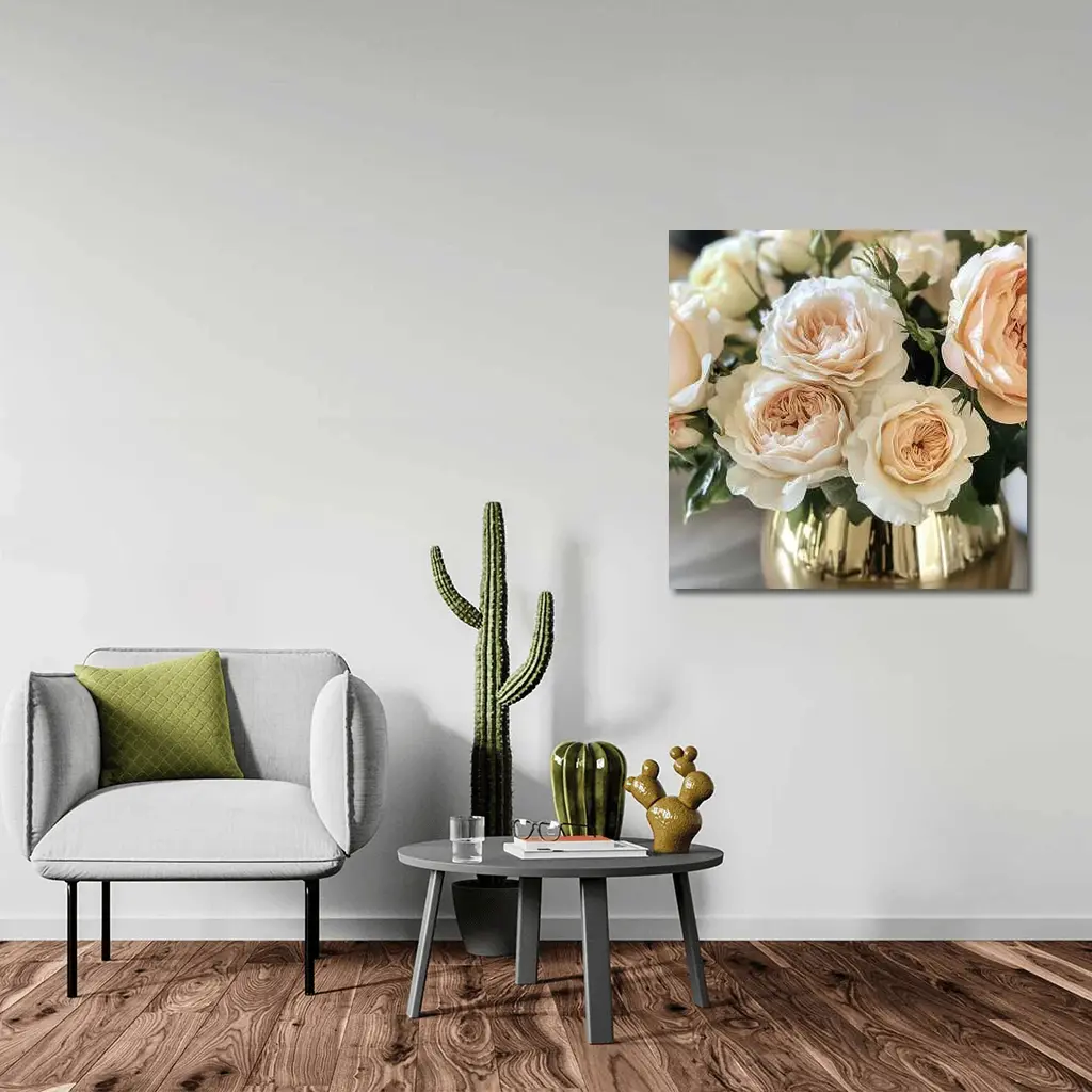 Peach Garden Roses Gold Vase Arrangement – Wall Art