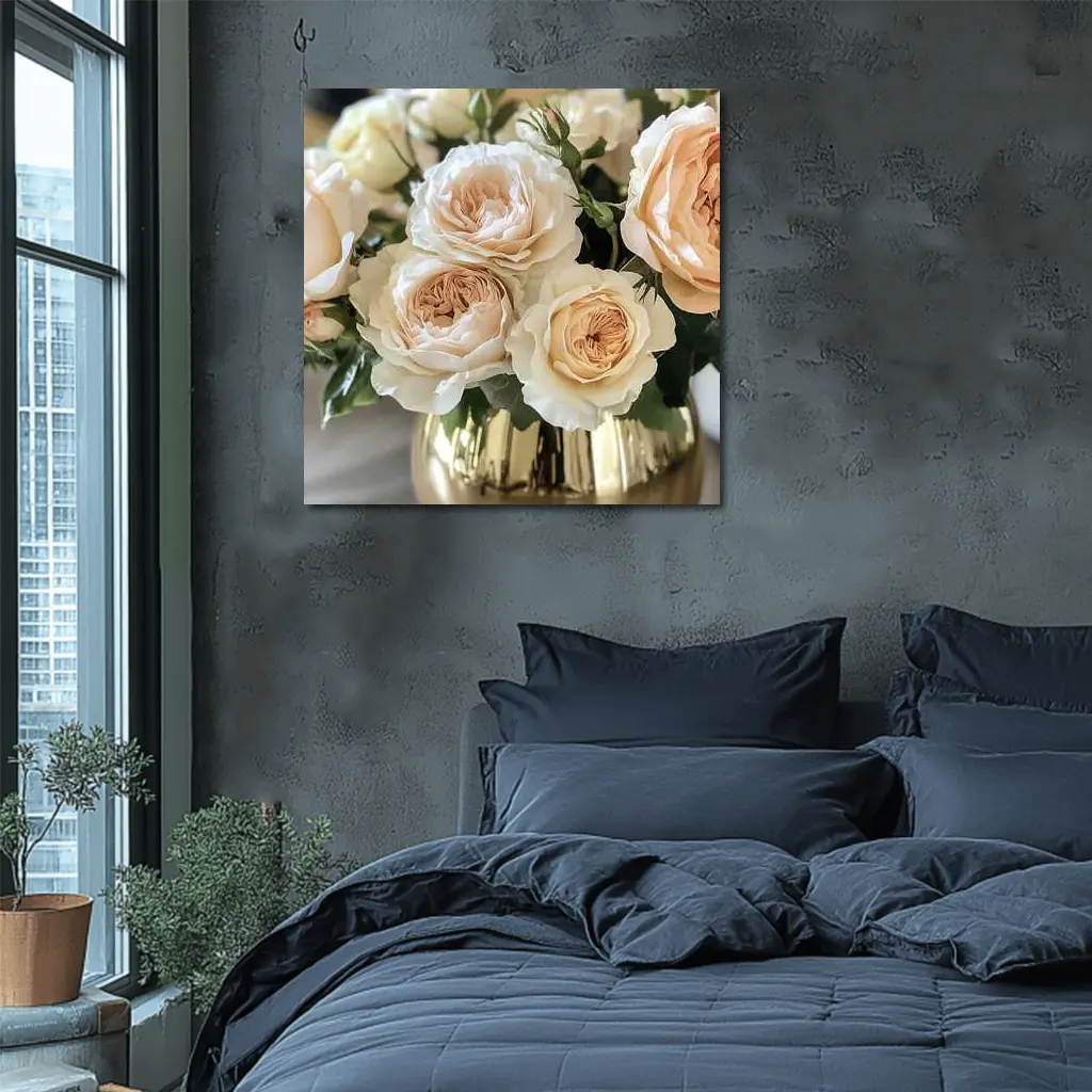 Peach Garden Roses Gold Vase Arrangement – Wall Art