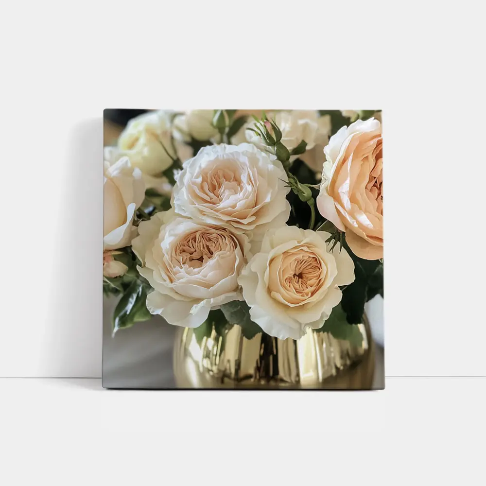 Peach Garden Roses Gold Vase Arrangement – Wall Art