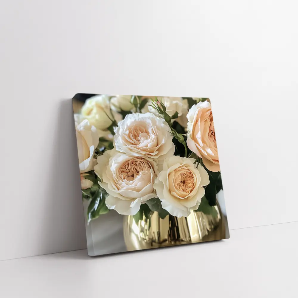 Peach Garden Roses Gold Vase Arrangement – Wall Art