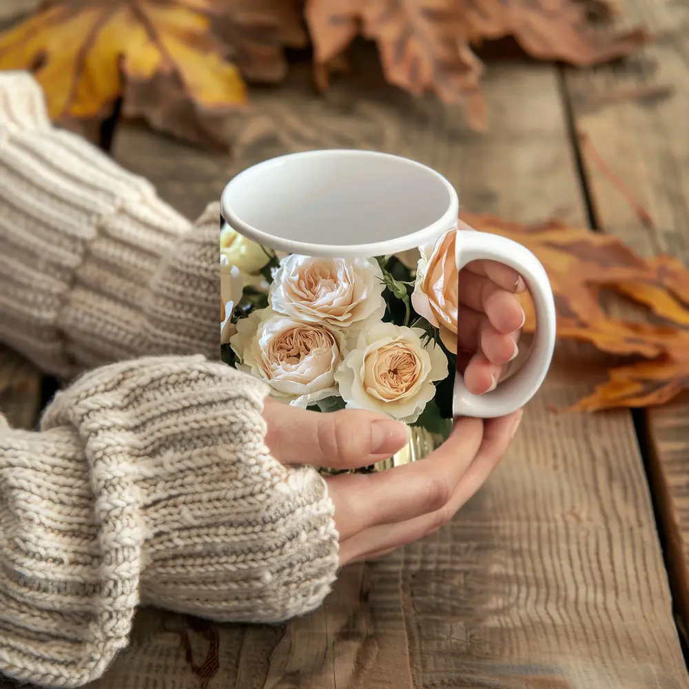 Peach Garden Roses Gold Vase Arrangement – Mugs
