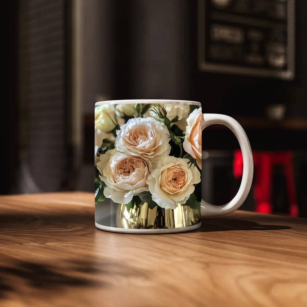 Peach Garden Roses Gold Vase Arrangement – Mugs