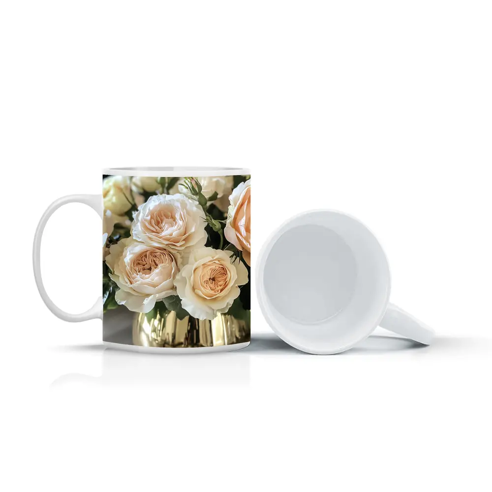 Peach Garden Roses Gold Vase Arrangement – Mugs