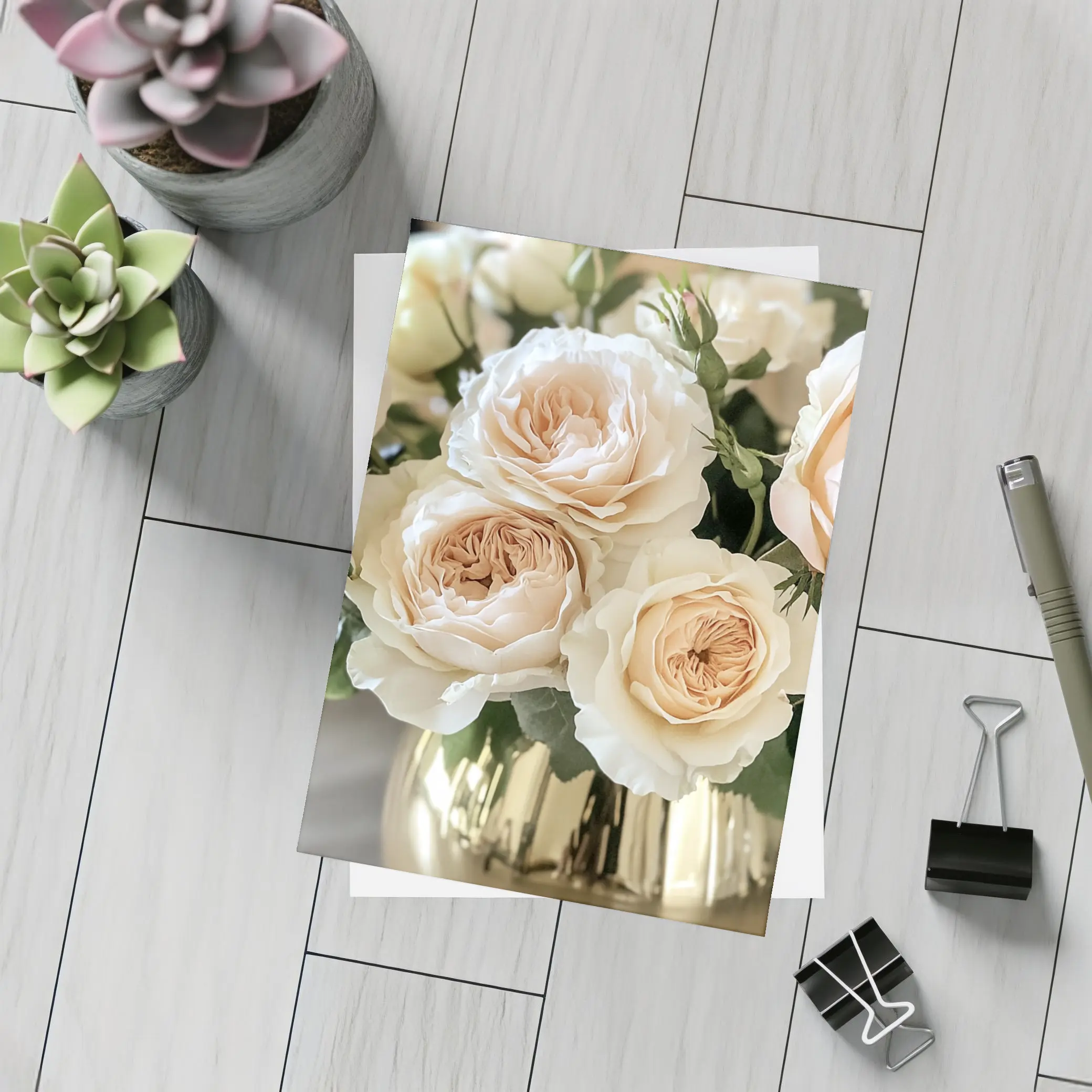 Peach Garden Roses Gold Vase Arrangement – Postcards