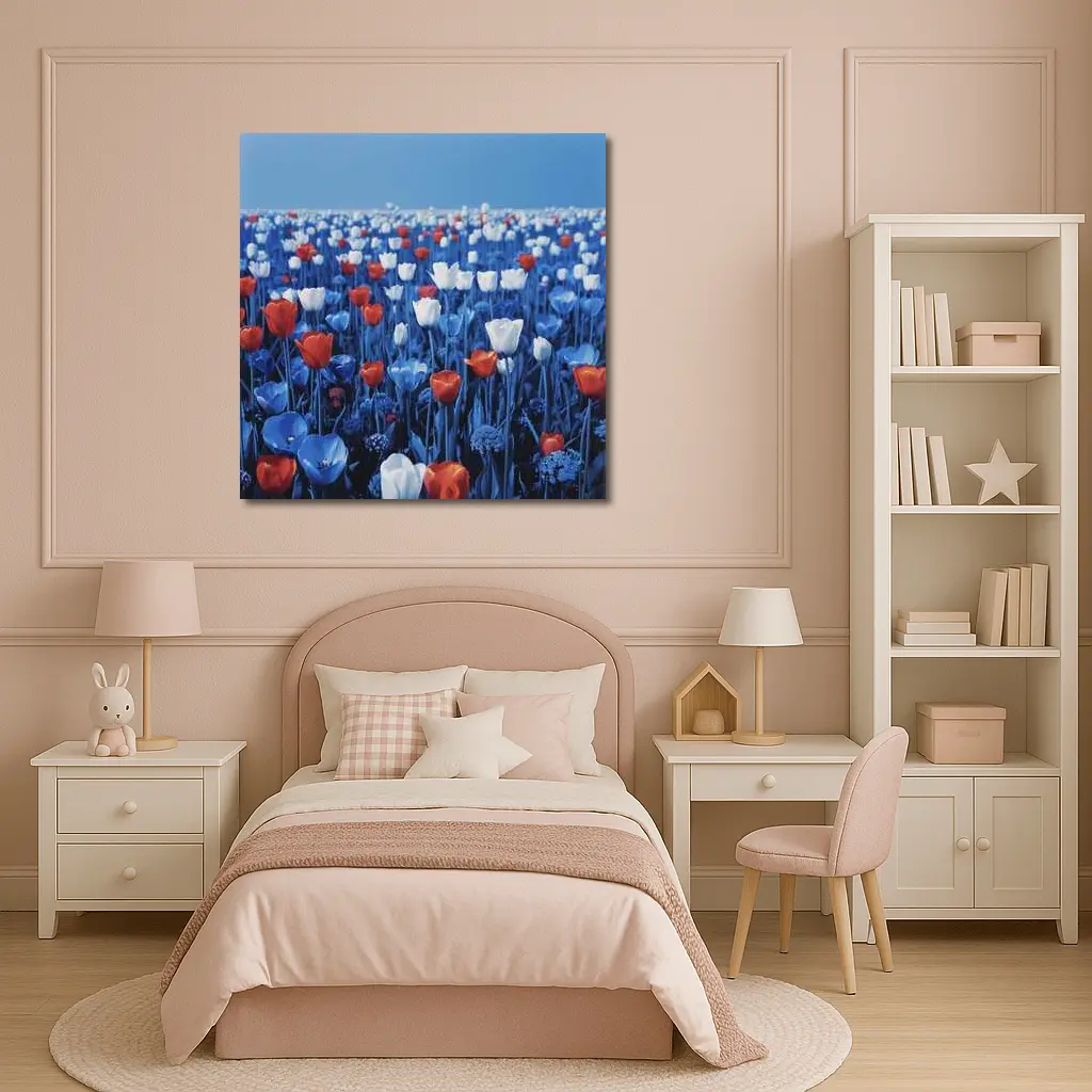 Red White Blue Tulips Field Clear Sky – Wall Art