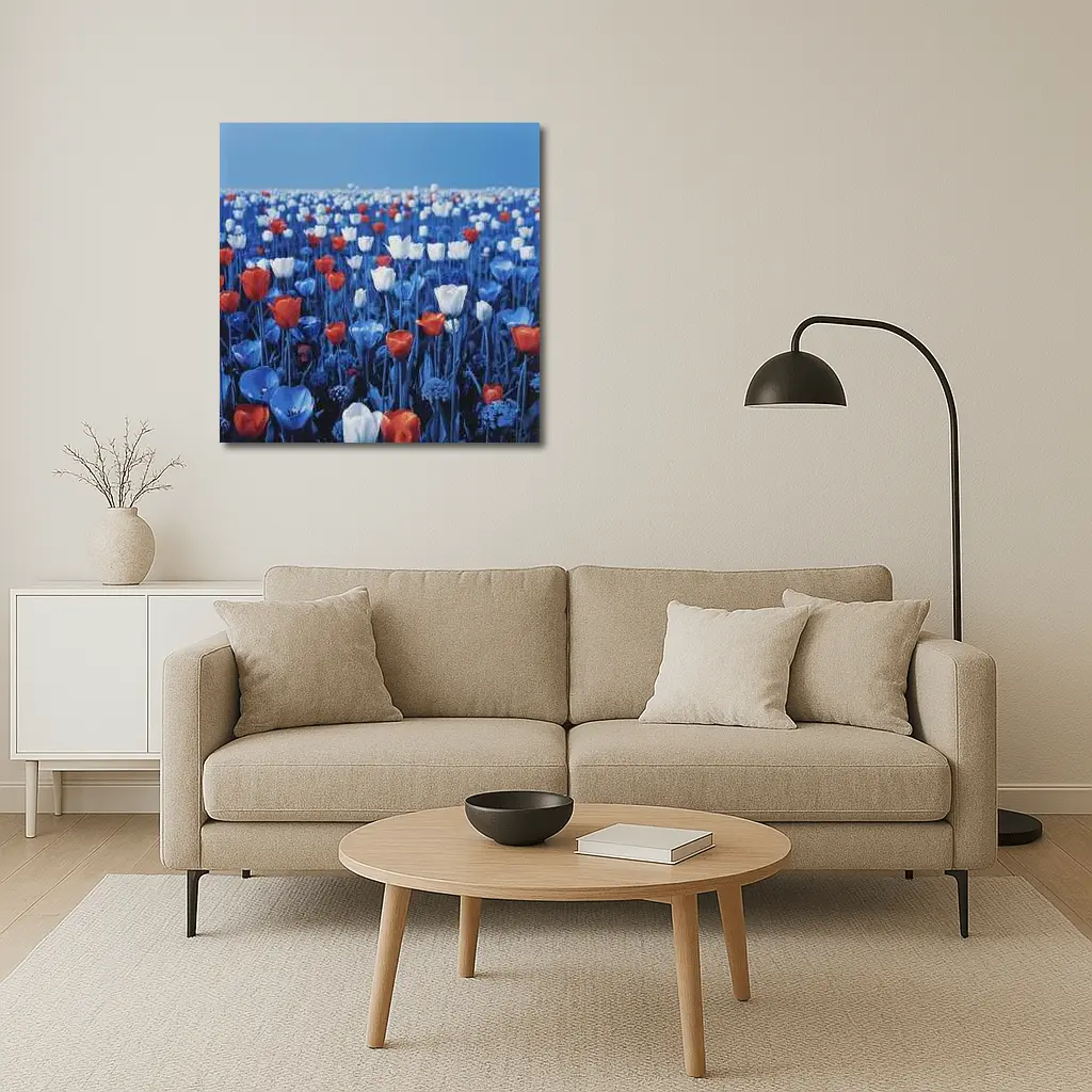 Red White Blue Tulips Field Clear Sky – Wall Art