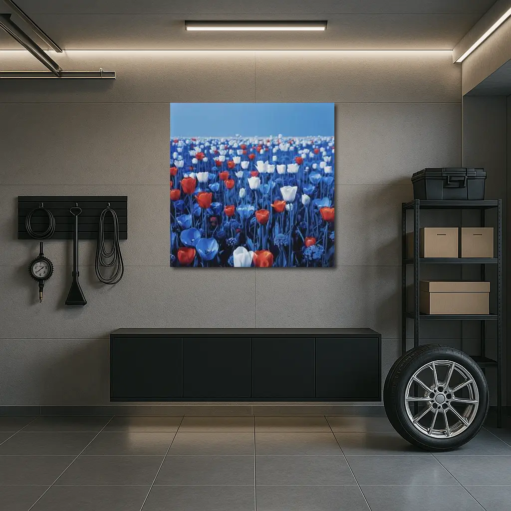 Red White Blue Tulips Field Clear Sky – Wall Art