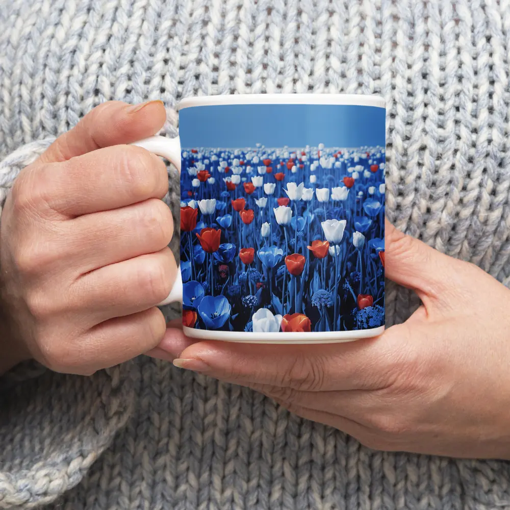 Red White Blue Tulips Field Clear Sky – Mugs