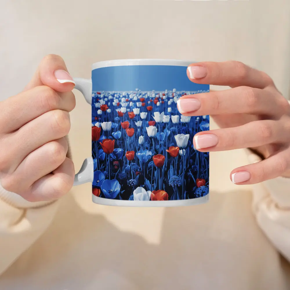 Red White Blue Tulips Field Clear Sky – Mugs