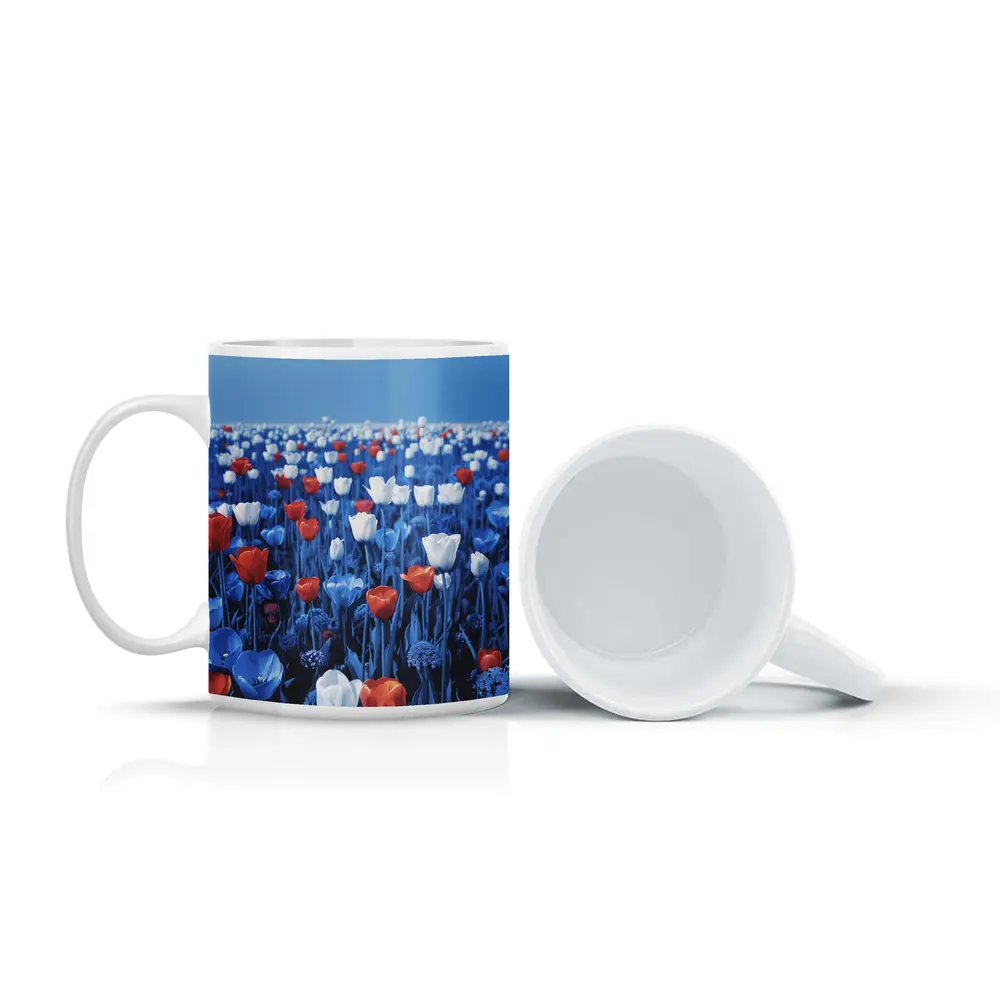 Red White Blue Tulips Field Clear Sky – Mugs