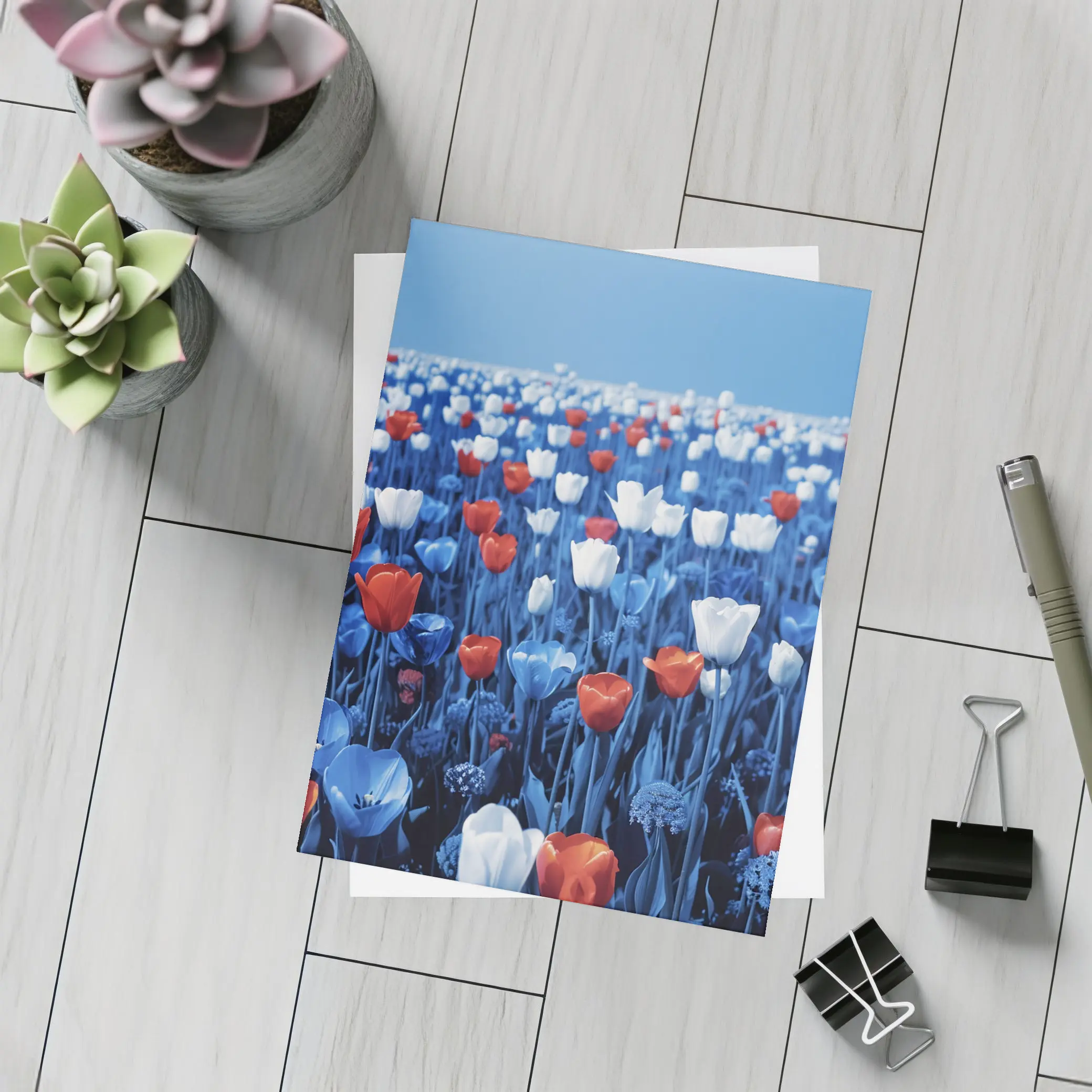 Red White Blue Tulips Field Clear Sky – Postcards