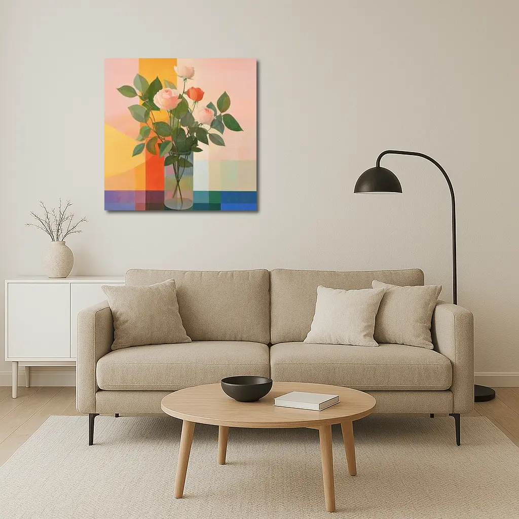 Roses in Glass Vase Geometric Color Background – Wall Art