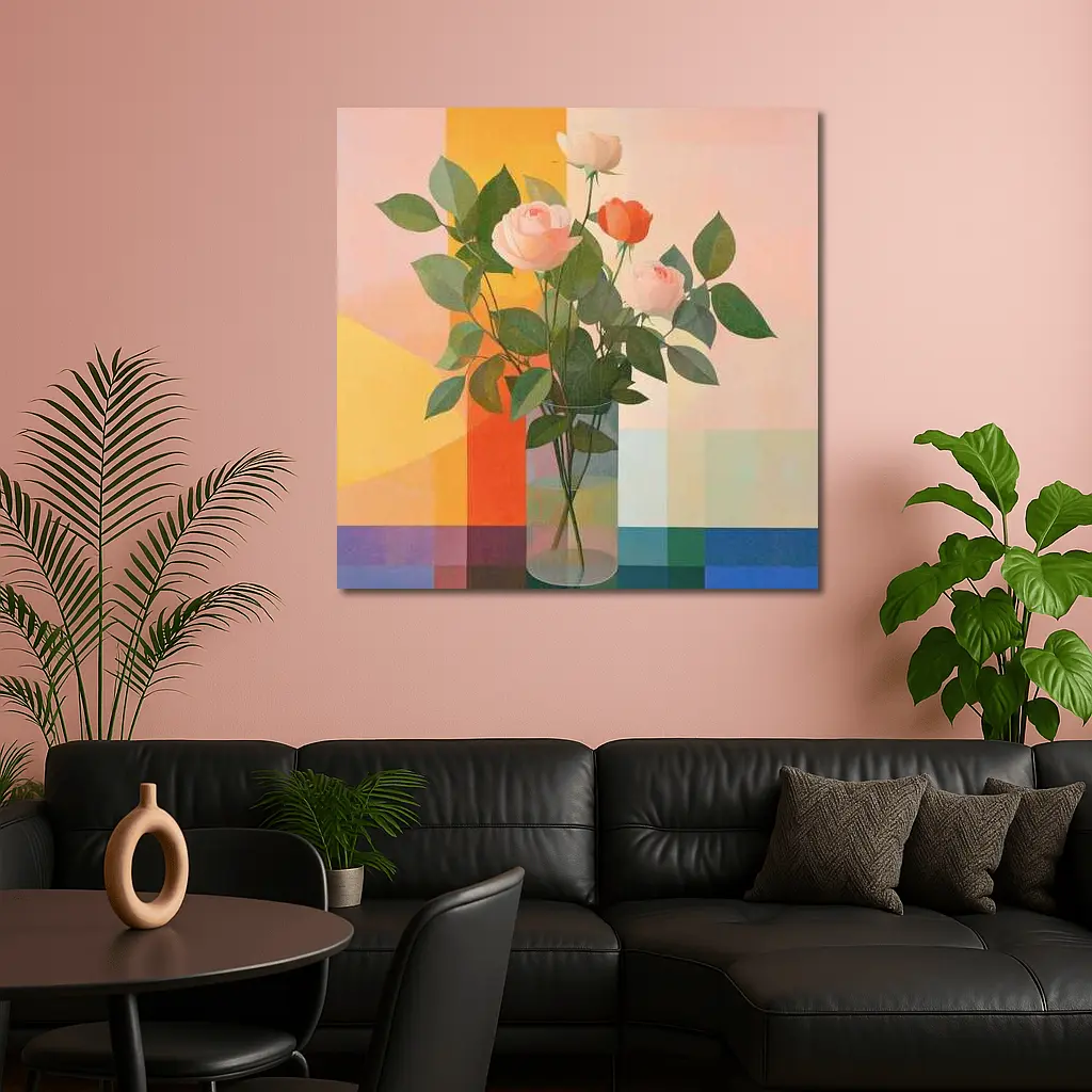 Roses in Glass Vase Geometric Color Background – Wall Art