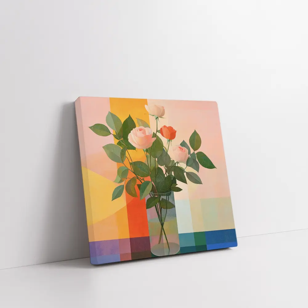 Roses in Glass Vase Geometric Color Background – Wall Art