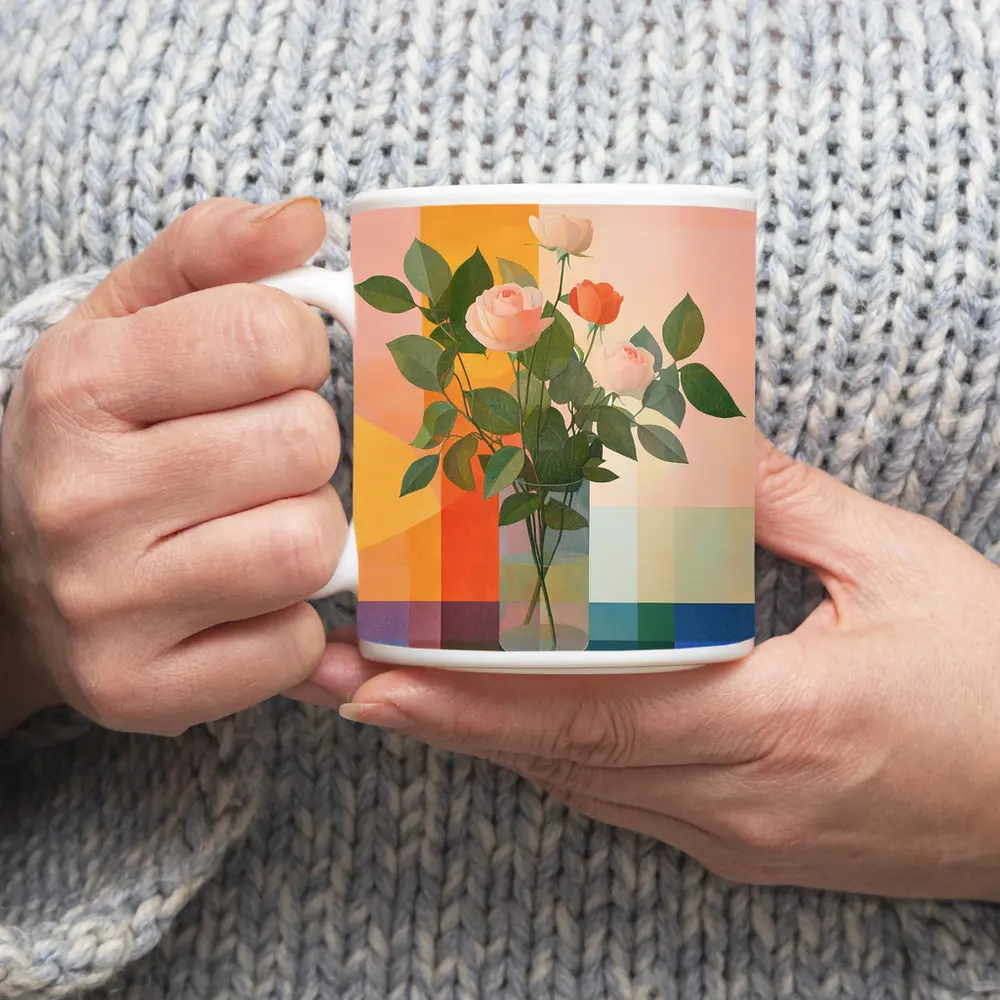 Roses in Glass Vase Geometric Color Background – Mugs