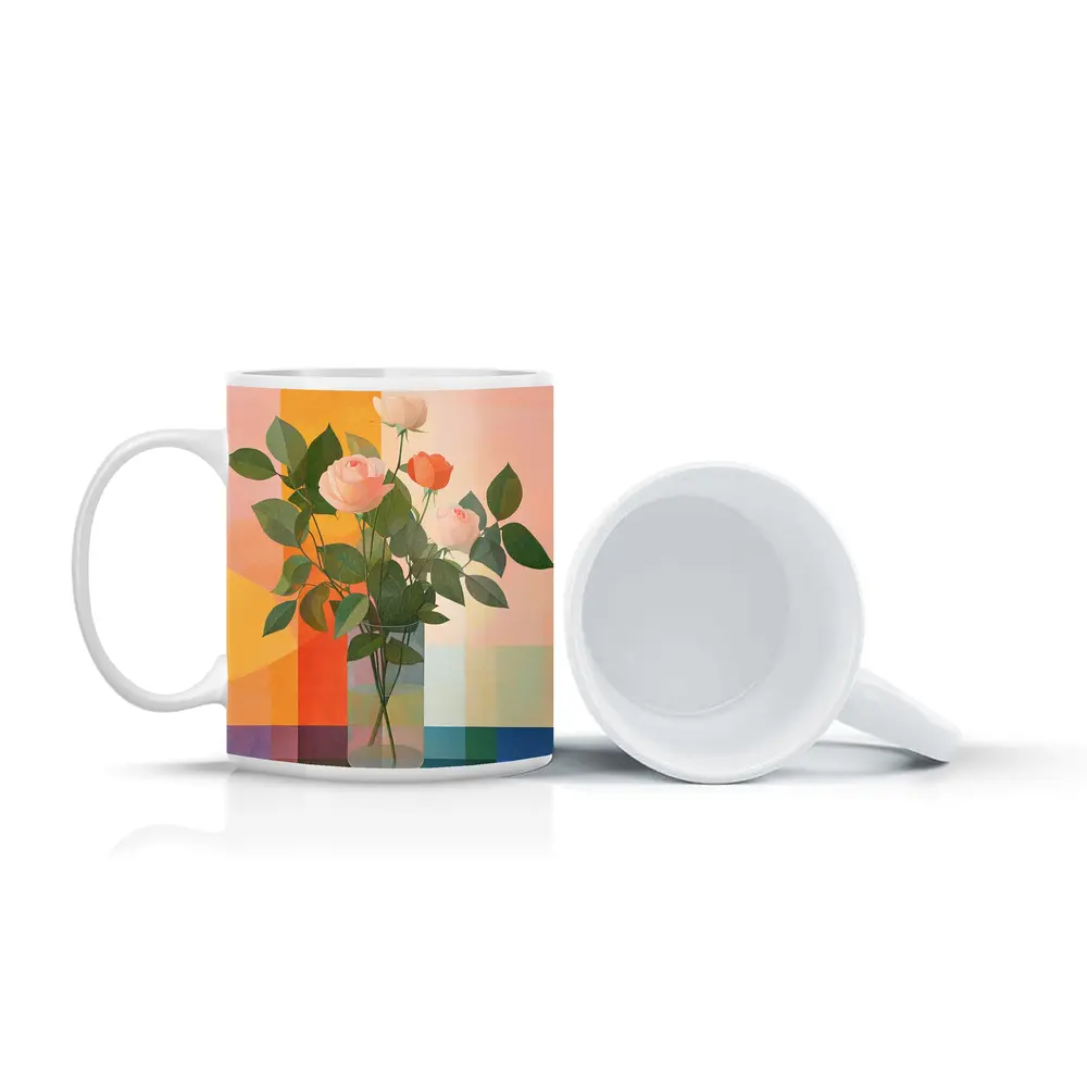 Roses in Glass Vase Geometric Color Background – Mugs