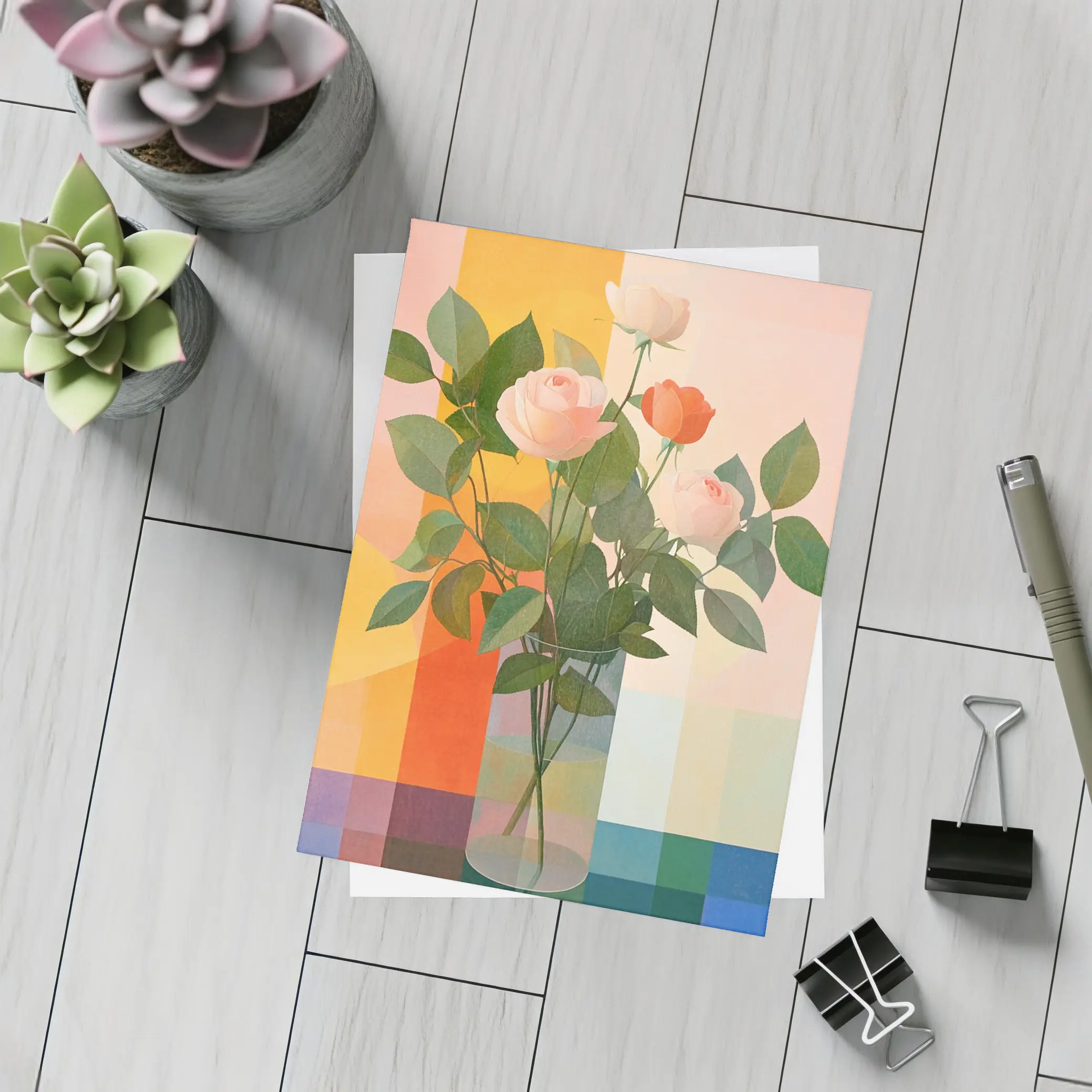 Roses in Glass Vase Geometric Color Background – Postcards