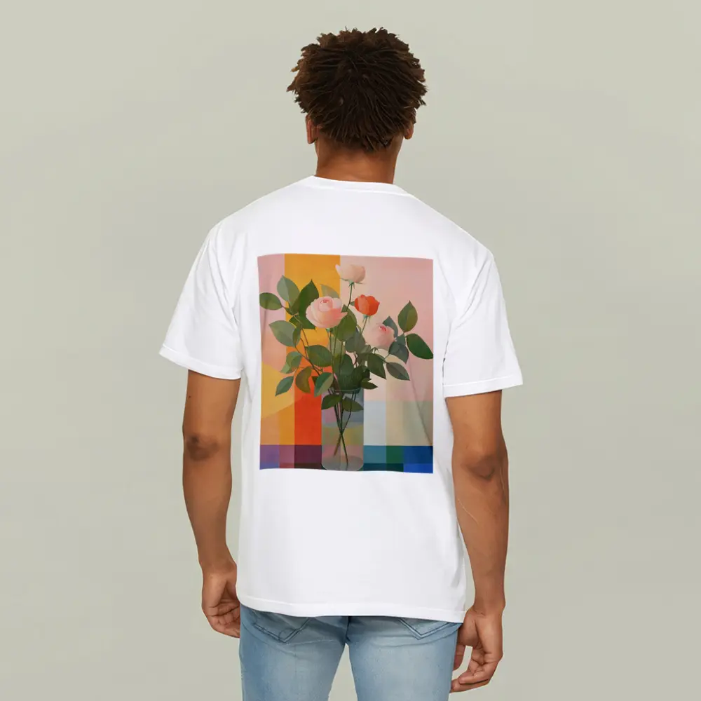 Roses in Glass Vase Geometric Color Background – T-Shirts