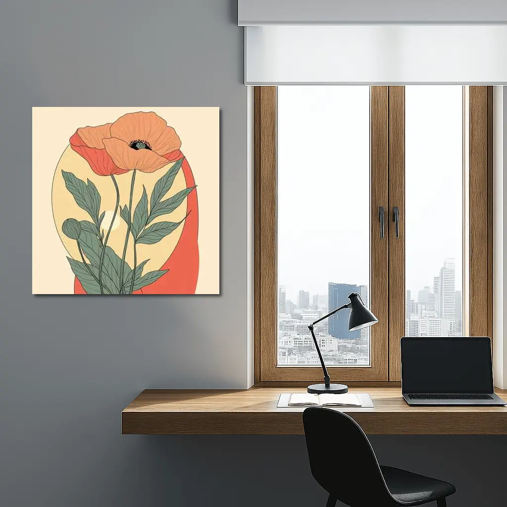 Poppy Flower Botanical Illustration Warm Beige – Wall Art