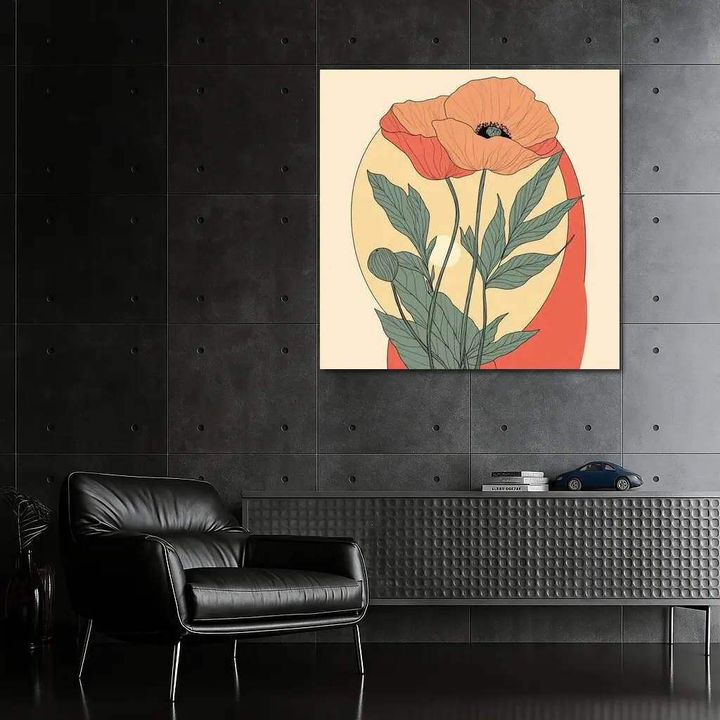 Poppy Flower Botanical Illustration Warm Beige – Wall Art