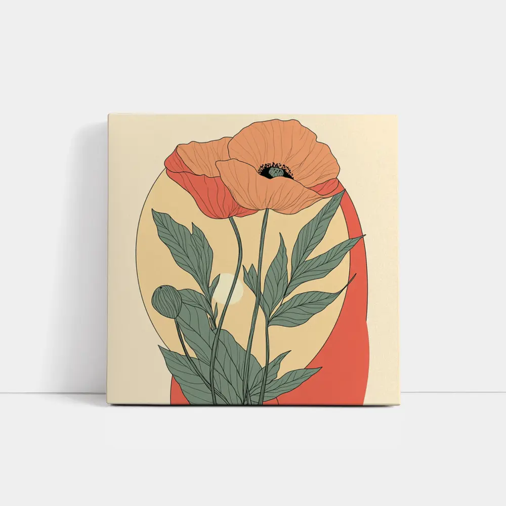 Poppy Flower Botanical Illustration Warm Beige – Wall Art