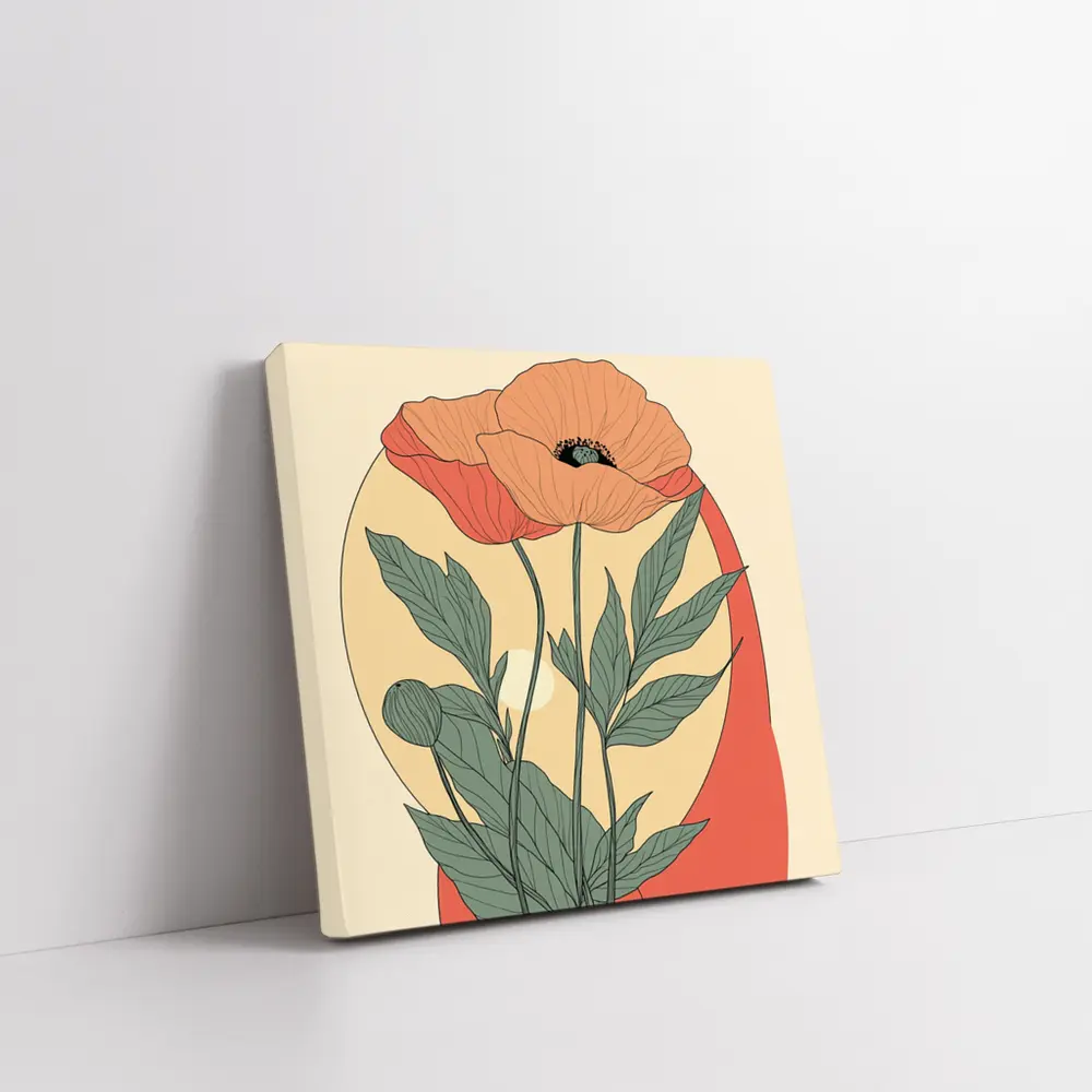 Poppy Flower Botanical Illustration Warm Beige – Wall Art
