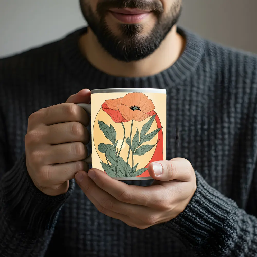 Poppy Flower Botanical Illustration Warm Beige – Mugs